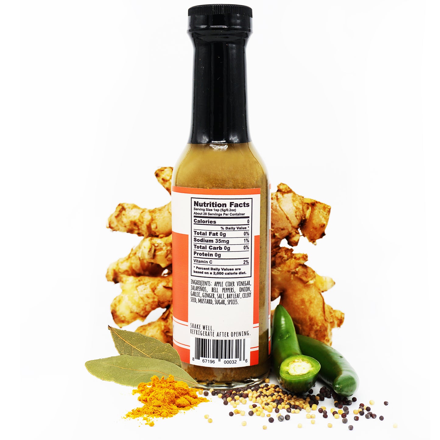 CHESAPEAKE BAY nutrition facts 0g total fat 35mg sodium 0g total carb 0g protein apple cider vinegar jalapenos bell peppers onion garlic ginger salt bay leaf celery seed mustard sugar spices.