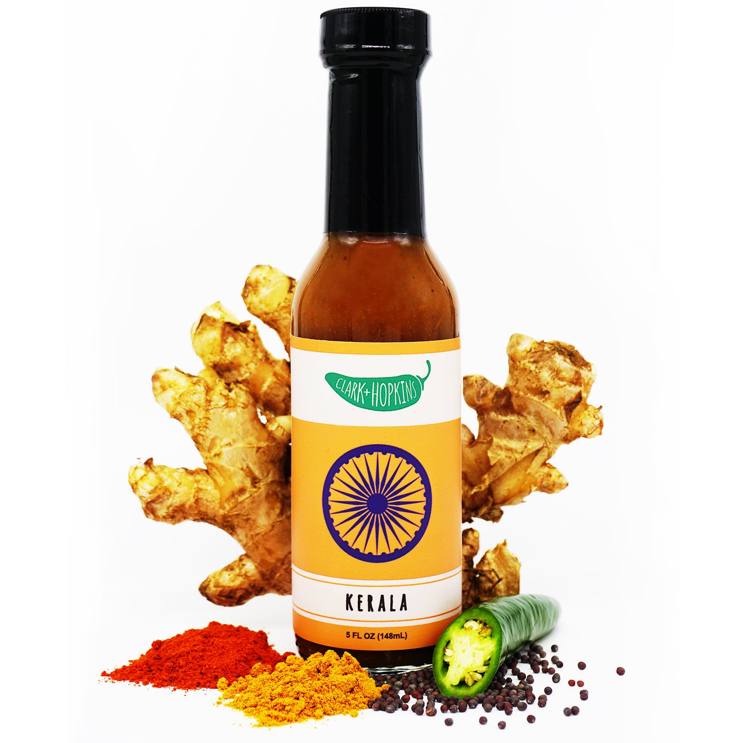 KERALA front bottle chili powder turmeric ginger root black mustard seeds jalapeno