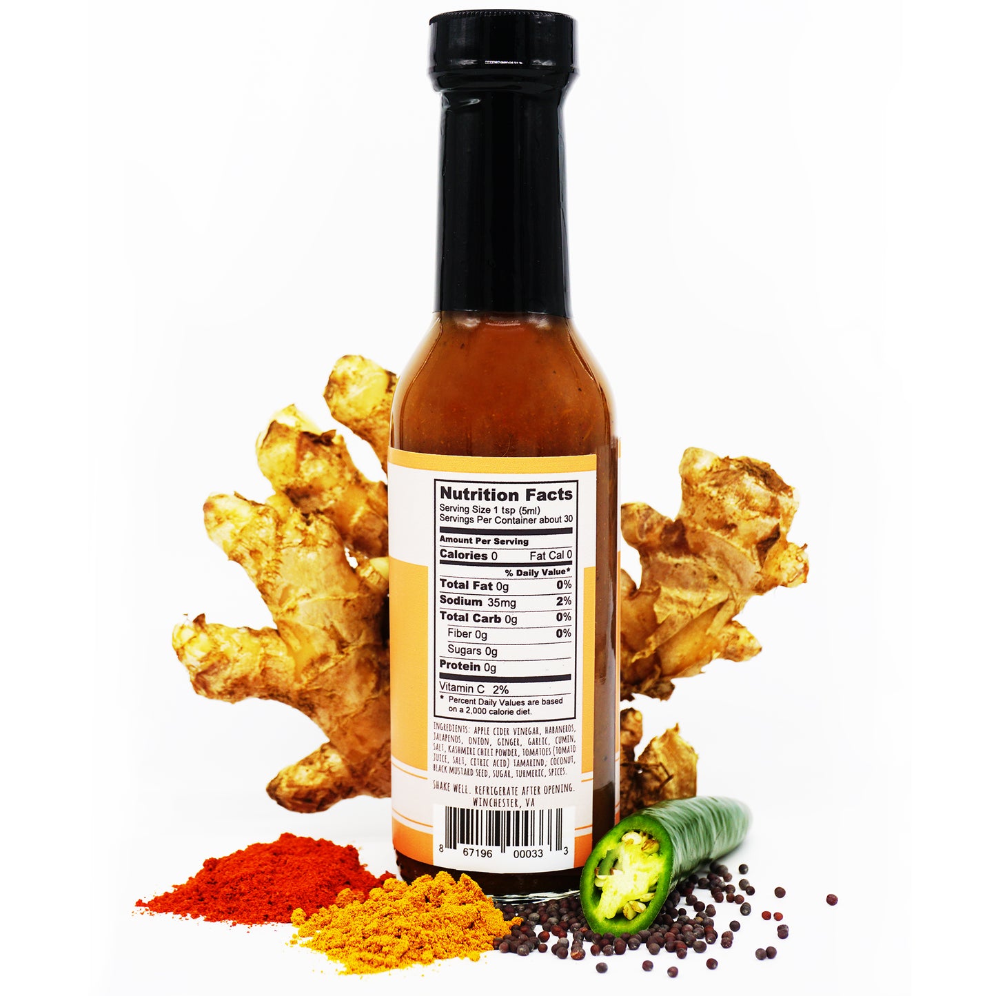 KERALA nutrition facts 0g total fat 35mg sodium 0g total carb 0g fiber 0g sugars 0g protein apple cider vinegar habaneros jalapenos onion ginger garlic cumin salt kashmiri chili powder tomatoes coconut black mustard seed sugar turmeric spices