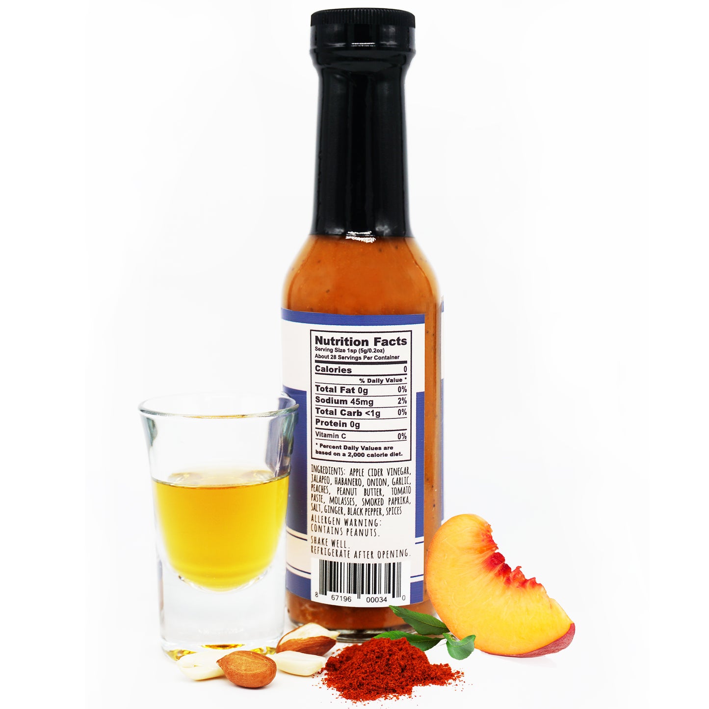 VIRGINIA nutrition facts 0g total fat 45mg sodium <1g total carb 0g protein apple cider vinegar jalapeno habanero onion garlic peaches peanut butter tomato paste molasses smoked paprika salt ginger black pepper spices