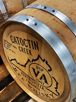 closeup catoctin creek va rye whiskey stamp on barrel