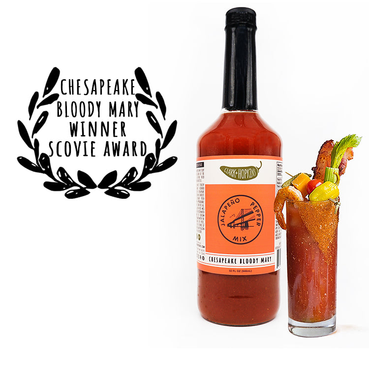 chesapeake bloody mary bottle with prepared bloody mary. chesapeake bloody mary winner scovie award in laurels.