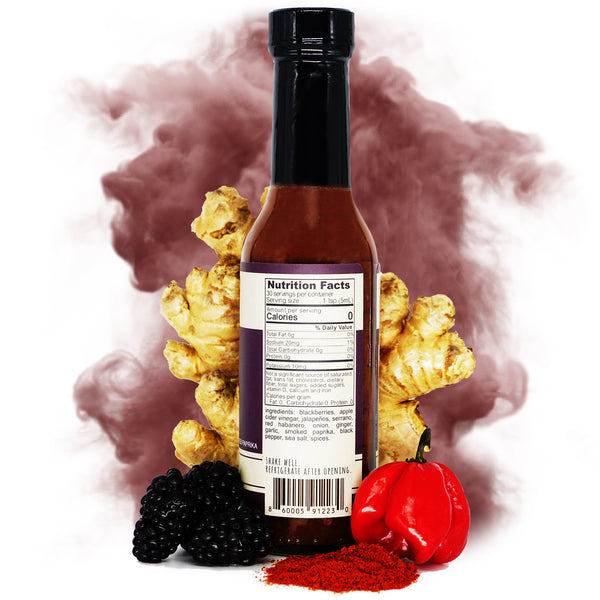 GEORGIA nutrition facts 0g fat 20mg sodium 0g total carb 0g protein 10mg potassium blackberries apple cider vinegar jalapenos serrano red habanero onion ginger garlic smoked paprika black pepper sea salt spices.