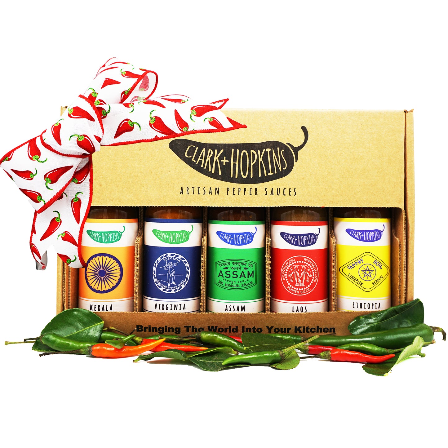 5-PACK GIFT BOX WITH HOT PEPPER BOW RIBBON peppers kaffir lime leaves