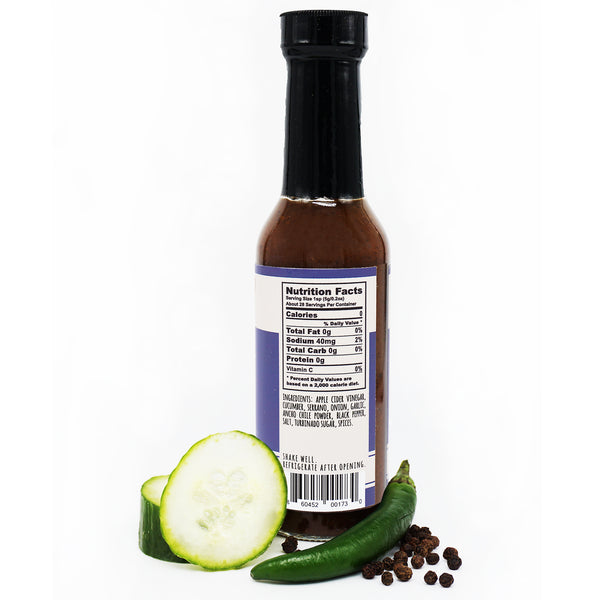 TEXAS nutrtition facts 0g total fat 40mg sodium 0g total carb 0g protein apple cider vinegar cucumber serrano onion garlic turbinado sugar spices